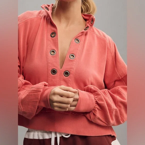 Pilcro Kamrie Pieced Popover Top Red Coral Size Large Oversized Sweatshirt - Picture 3 of 13